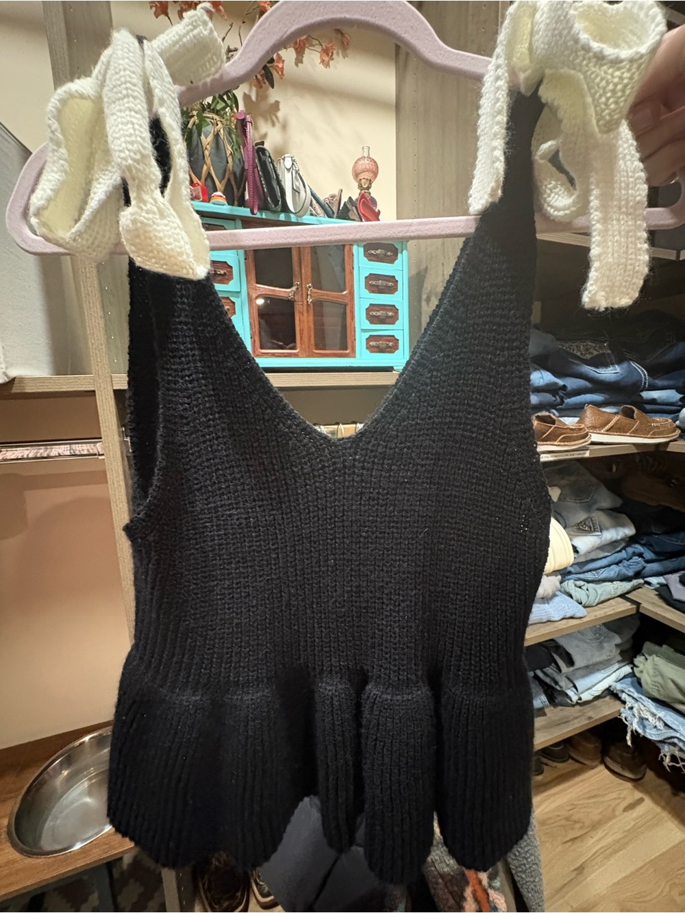 Black Knit Peplum Tank with Tie Straps